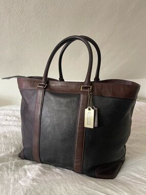 Coach Two-Tone Leather Tote Bag in Black and Dark Brown